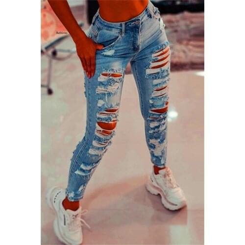 Women Ripped Cut Out Jeans Sexy Hole Hollow Out Stretch Skinny Streetwear Denim Trousers Lady Denim Pencil Pants