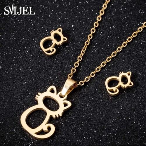 SMJEL Cute Deer Necklacs for Women Kids Fashion Animal Cat Stud Earrings Gold Butterfly Jewelry Set Girl Gifts Bijoux