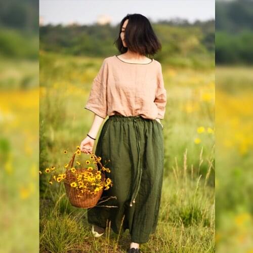 Women Vintage Solid Color Elastic Waist Linen Skirts Ladies Retro Summer Flax Skirt Female 2020 Skirts