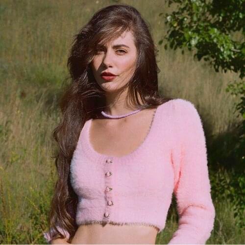 Forlove 2021 new womens early autumn sweet pink fluffy crew neck knitted short sweater coat long sleeve top pink cardigan