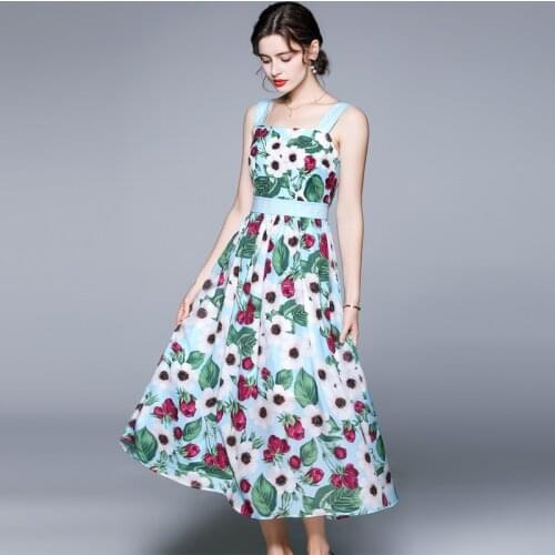 Fashion Runway Summer Sexy Spaghetti Strap Dress Women Floral Print Vintage Sleeveless Elegant Holiday Long Dress k7013
