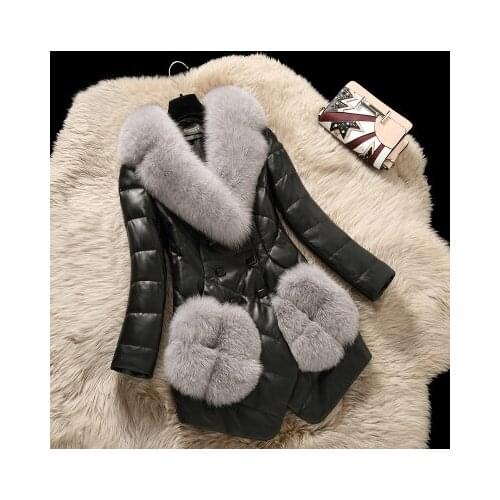 Winter Genuine Sheepinskin Leather Womens New Natural Fox Fur Long Duck Down Jacket Female Plus Size LX933