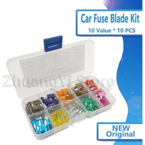 100pcs/lot Mini Auto Fuse 10 Value Car Fuse Blade Kit Assortment with Box 2A 3A 5A 7.5A 10A 15A 20A 25A 30A 35A