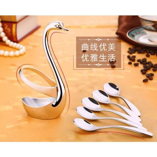 5 pcs stainless steel coffee spoon ice cream dessert tea spoon picnic kitchen accessories + swan base