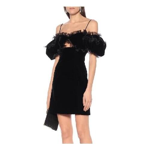 Hot Women Winter Ladies Sexy Ruffles Spaghetti Strap Black Mini Velvet Bodycon Dress 2021 Elegant Evening Party Dress Vestido