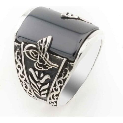 Black Zircon Stone Ottoman Monogram Sterling Silver Men 'S Ring