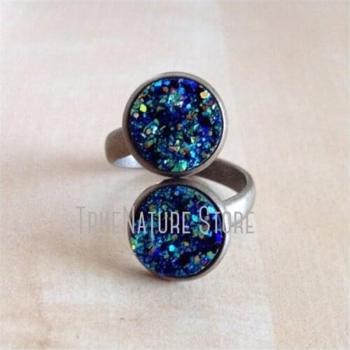 5Pcs RM13635 Blue Copper Adjustable Jewelry Green Crystal Titanium Ring Titanium Blue Green Plated Crystal Coin Shape Ring