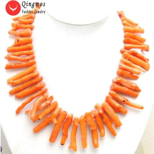 Qingmos Natural Orange Coral Necklace for Women with Genuine 8*40mm Branch Shape 20" Coral Chokers Necklace Fine Jewelry nec5609