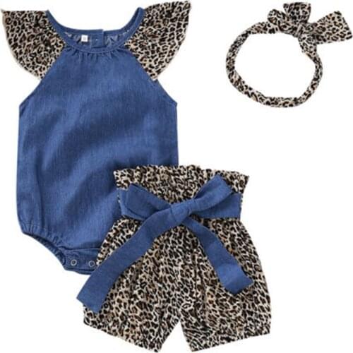 Baby Clothing 2019 New Newborn Infant Kids Baby Girl Leopard Print Denim Romper Pants Headband 3PCS Outfits 0-24M