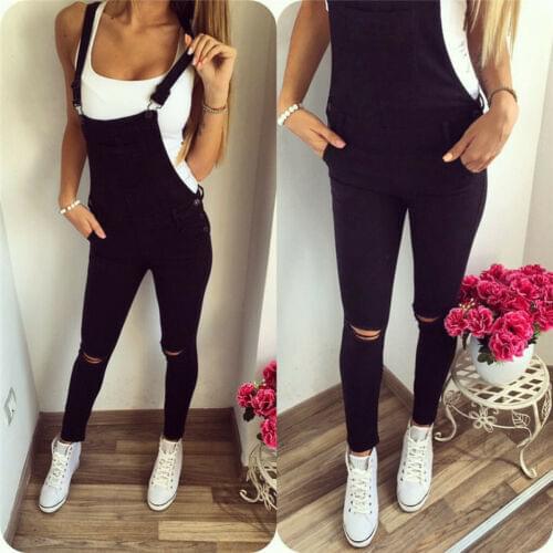Fashion Casual Women Solid Slim Denim Cotton BIB Pants Overalls Straps Jumpsuit Rompers Trousers