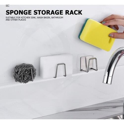 Bathroom Sponge Storage Wall Rack Kitchen Sink Dry Rack Self-adhesive Shelf Stainless Steel Holder Kitchen Accessories