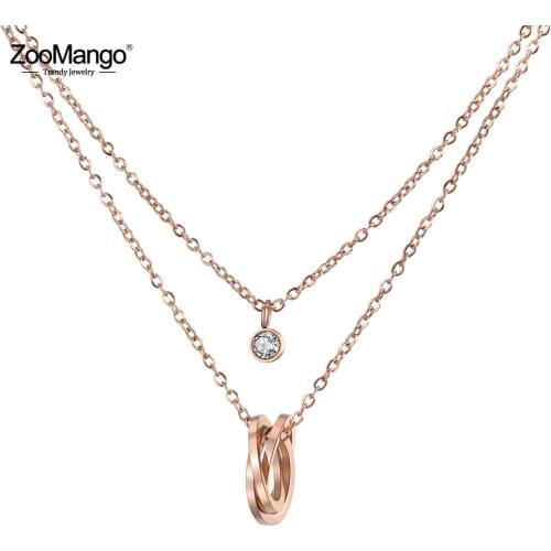 ZooMango Trendy Office Style Double Layers Stainless Steel Pendant Necklaces Rose Gold CZ Crystal Chain Choker Necklace ZN18282