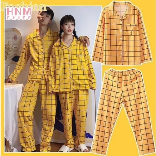 Autumn Lattice Print Causal Pajama Sets Yellow Thin Couple Loose Sleepshirts Daily Fashion Women Long Sleeve Trousers Sleepwear