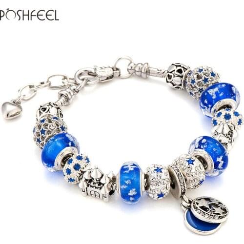 Poshfeel New Arrival Star Charm Bracelets For Women With Blue Murano Glass Beads Jewelry Mbr170275