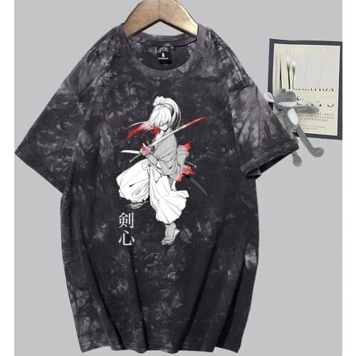 Rurouni Kenshin Print Short Sleeve Round Neck Tie Dye Hip Hop T-shirt