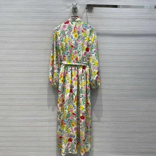 Silk 100% Bohemian Long Dress Designer Fashion Spring Lantern sleeve Colorful Flower Print Elegant Party Dresses