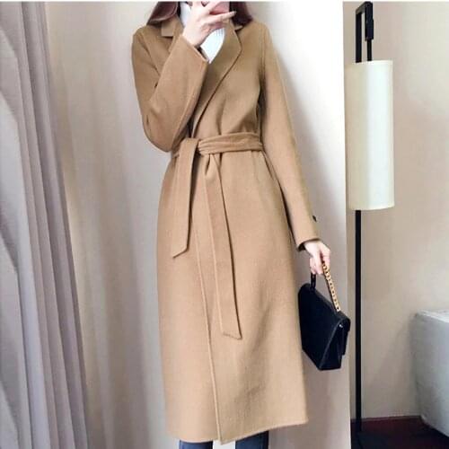 Woolen Coat Female Cashmere Middle Long Sashes Elegant Jackets Outwear Autumn Winter Women Woolen Blends Khaki Coats FP1362