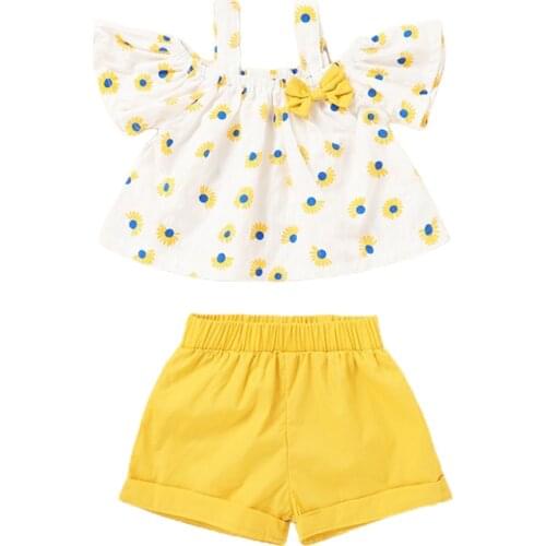 Lovely Toddler Kids Baby Girl’s Short-sleeved and Shorts Set Sweet Sunflower Boat Neck T-shirt and Solid Color Short Pants