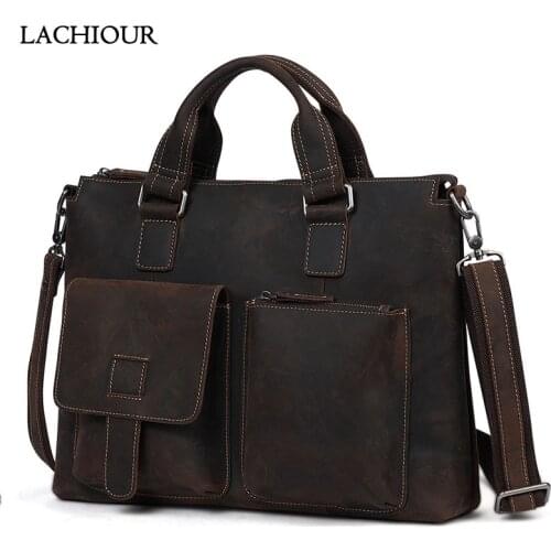 Men 14 inch Laptop Bag Brifcase Vintage Genuine Leather Office Handbags Male Cohiwde Business Travel Messenger Bag Large