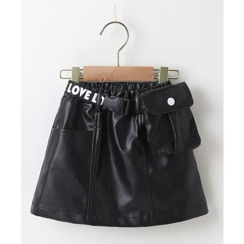 Girls PU leather skirt 2021 New autumn and winter fashion belt letter with leather bag A-line skirt childrens hip casual skirts
