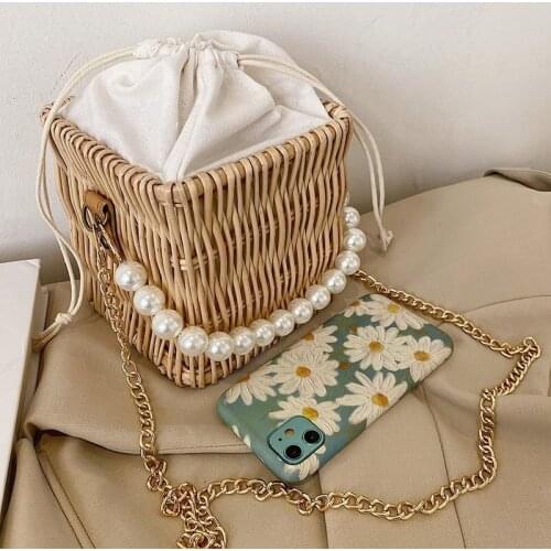 Natural Female Tote Bag With Pearl 2022 Summer High Quality Straw Womens Handmade Handbag Chain Shoulder Messenger Bag Banquet