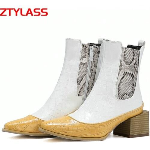 Fashion Mixed Colors Women Ankle Boots Snake Print Zipper Thick High Heel Short Boots Black White Autumn Winter Shoes Woman