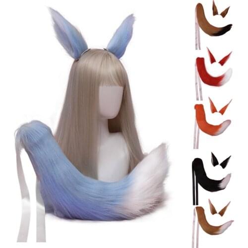 Women Long Fur Animal Ears Headdress Tail Set Cosplay Furry Hairpin Anime Headwear for Halloween Costume Headpiece Party Decor