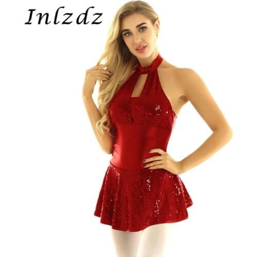 Womens Ballet Leotard Costume Shiny Sequins Halter Neck Clear Spaghetti Shoulder Straps Skating Latin Jazz Dance Leotard Dress