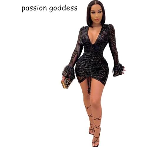 Spring Summer Plus Size Women V Neck Long Sleeve Sexy Bodycon Sequined Black White Short Dress Ladies Mesh Club Party Dresses