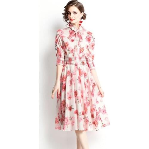Vintage Designer Ruffle Bow Collar Dress Women 2021 Runway Fashion Elegant Elastic Waist Floral Printing Chiffon Bohemia Dresses