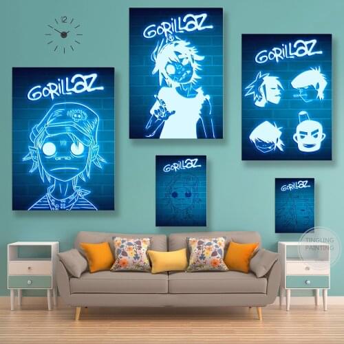 Anime Gorillaz Canvas Posters Colorful Shiny Wall Art Prints Living Bedroom Dorm Cafe Bar Home Decor Mural Cuadros Para Sala