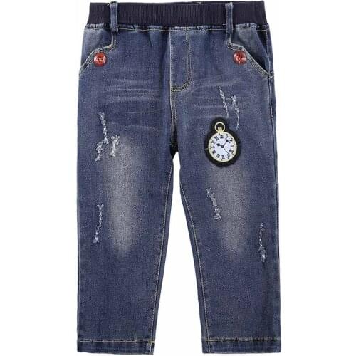 Autume Children Outfit Pants Jeans for Girl Blue Ripped Printed Watch Botton Pocket Elastic Comfortable Size 2 3 4 5 6 Years Old