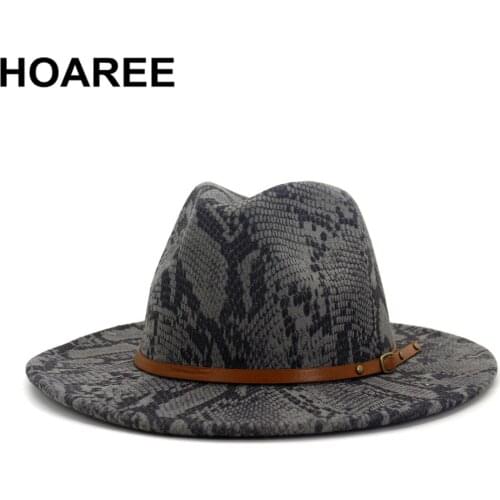 HOAREE Wool Felt Jazz Fedora Hat Gray Serpentine Pattern Women Men Wide Brim Panama Party Male Female Brand Trilby Cap Chapeau