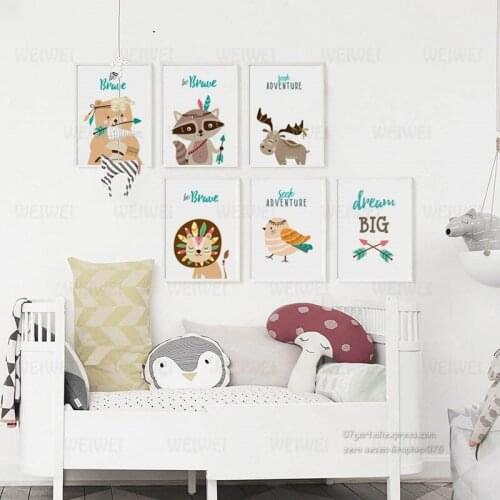 Indian Animal Cartoon Lion Bear Poster and Print for Babys Room Home Decoration Nursery Wall Art Nordic Cute Canvas Painting