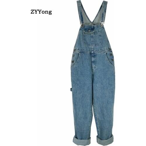 Spring Overalls Mens Bib Jeans Denim Jumpsuit Large Pocket Loose Workwear Hip Hop Street Wear Retro Light Blue Pants Trousers