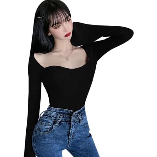 Fashion Square Collar Sweaters Sexy Slim Tops Long Sleeve Sweater Spring Autumn Tops Women Shirt