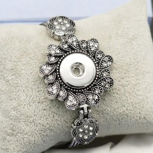 New Fashion SG0115 Vintage Drop Flower Crystal Metal charm snap Bracelet Bangle 18cm fit 18MM snap buttons jewelry