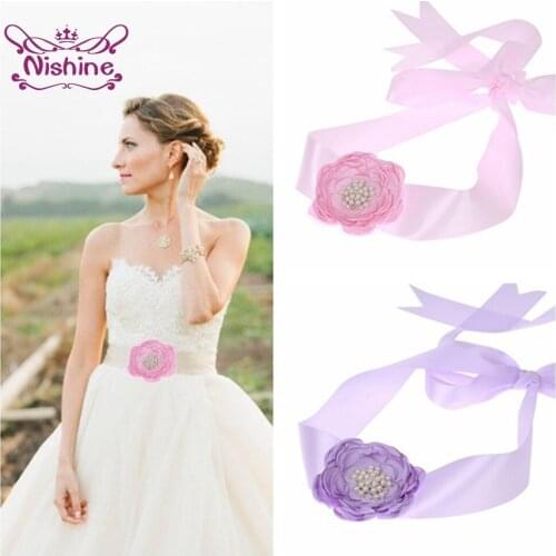 Nishine Solid Color Handmade Roast Floral Maternity Belt Shining Pearls Rhinestone Flower Women Sash Holiday Party Decoration