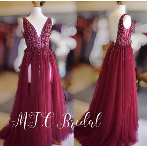 Real Photos Sexy Burgundy See Through Evening Dress 2019 Exquisite Beading Tulle V Neck Side Slit Long Special Occasion Dresses