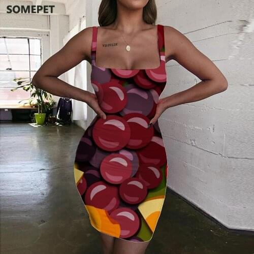 SOMEPET Fruit Dresses Women Colorful Bodycon Dress Rainbow Sundress Graffiti Halter Sleeveless Womens Clothing Mini Evening New