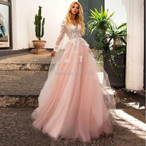 Pink Long Sleeves A Line Wedding Dresses Lace Appliques V Neck Wedding Bridal Gowns Court Train Vestido De Noiva Back Button