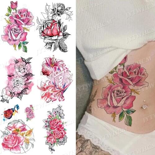 Waterproof Temporary Tattoo Sticker 3D Lace Rose Flower Tattoos Line Lotus Body Art Arm Fake Sleeve Realistic Stick Tatoos Women