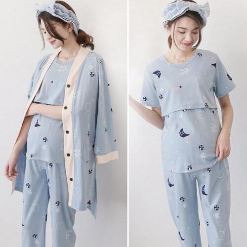 Women Maternity Pajama Clothing Set 3pcs Pattern Print Coat + T Shirt+ Pant Soft Pregnancy Pajamas Sleepwear Pregnant Tracksuit