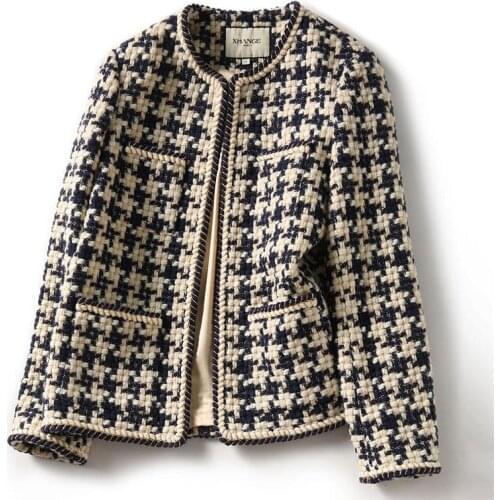 2021 Elegant Weave Plaid Women Blazer With Pocket And Lining Autumn Winter Causal Tweed Coat Office Ladies Suit Jacket