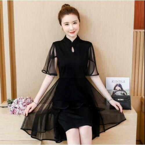 Womens Fashion National wind Mesh yarn mosaic swallowtail Slim Cheongsam Dress