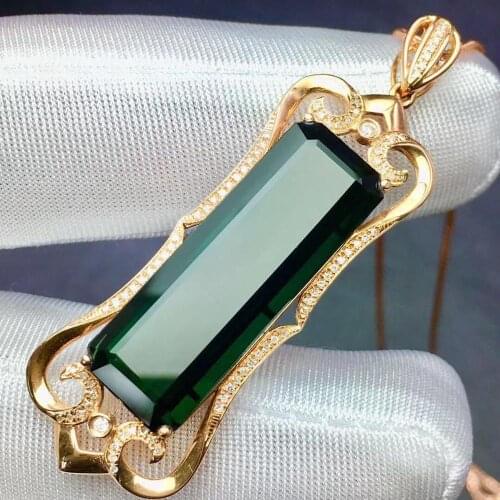 Fine Jewelry Real 18K Rose Gold 100% Natural Green Tourmaline 18.2ct Female Diamonds Gemstone Diamond Womens Pendants Necklaces