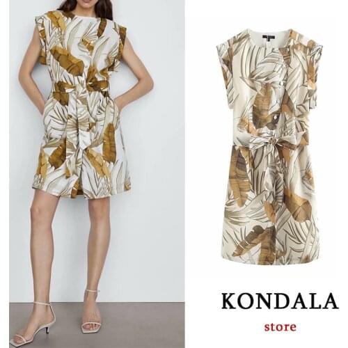KONDALA Za 2021 Vintage Leaf Print Mini Dress Women Vintage Sleeveless Bow Sashes Dress Stylish Elegant Mujer Vestidos