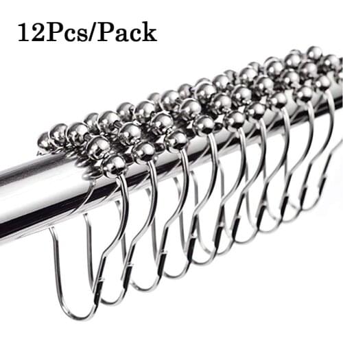 12 Pcs Iron Curtain Hooks Bath Curtain Rollerball Shower Curtain Rings Hooks 5 Rollers Polished Hower Curtain Ring Home Decor
