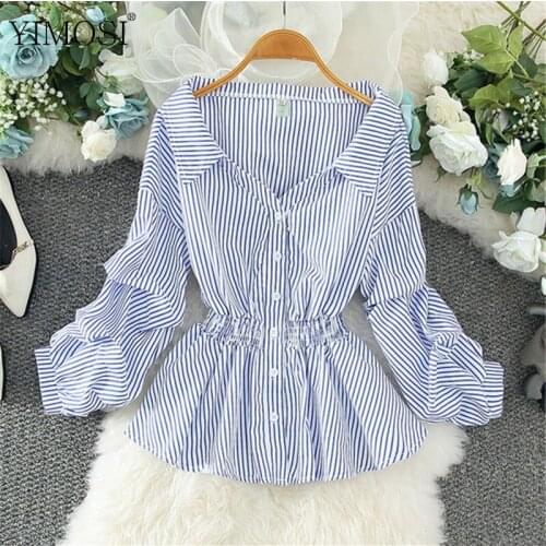 Autumn Spring Striped Print Shirts Blouses Elegant Long Sleeve Ruffles Casual Shirt 2020 Vintage Slim Office Tops