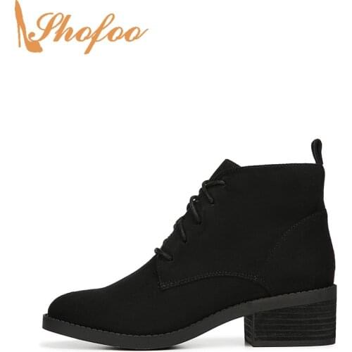 Black Ankle Boots Med Chunky Heels Booties Woman Round Toe Lace-Up Zip Large Size 15 16 Ladies Fashion Mature Warm Shoes Shofoo